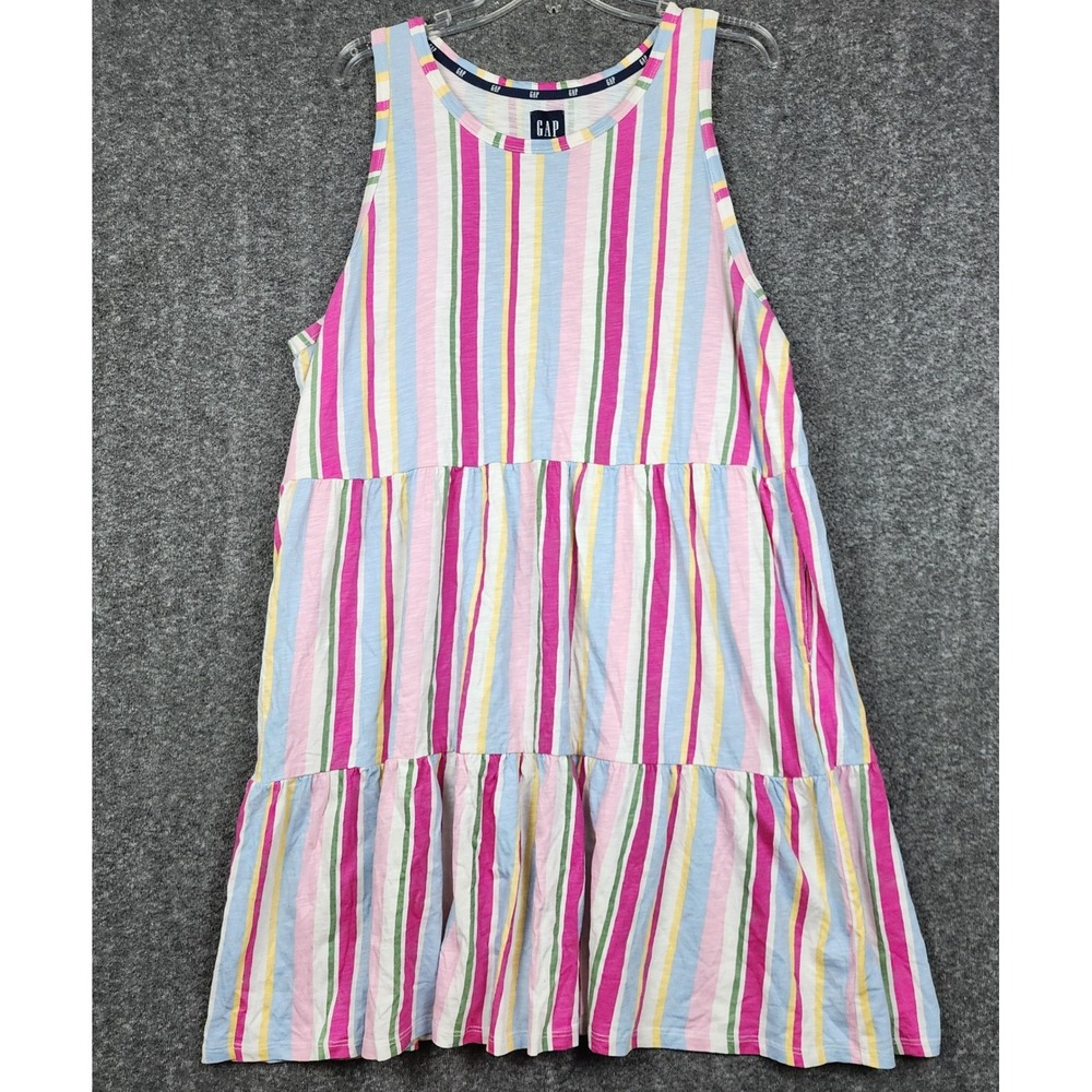 Gap Tiered Mini Dress Women XXL Multi Color Striped Cotton Modal Pockets